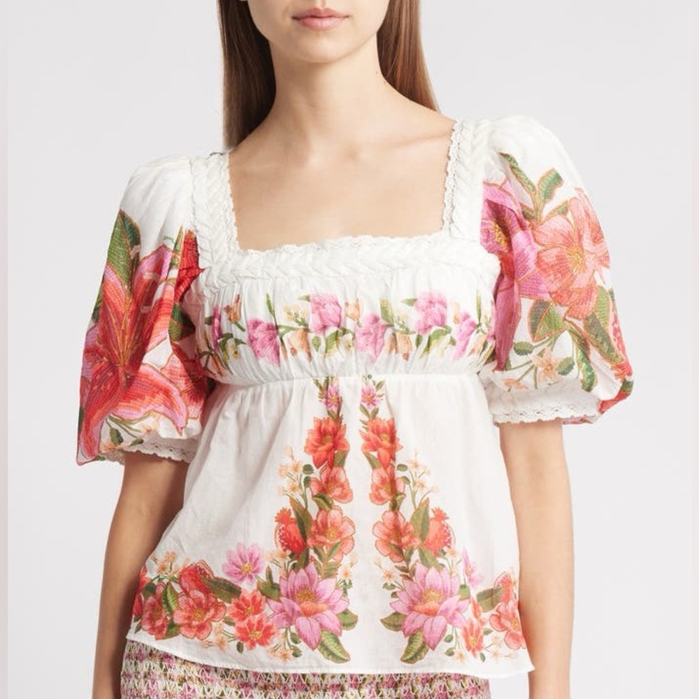 FARM Rio Off-White Square Neck Summer Fruit Blouse Size Large NWT - Picture 2 of 16